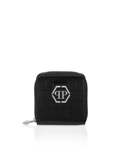 Philipp Plein Croco Embossed Mini Round Zip Wallet