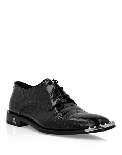 Philipp Plein Croco Lace Up Shoes Skull & Bones In Black
