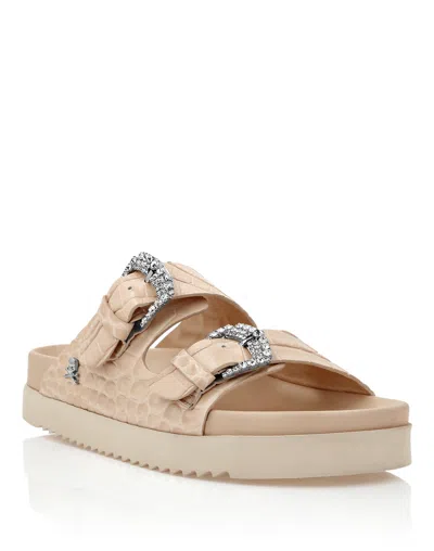 PHILIPP PLEIN CROCO PRINTED LEATHER SANDALS FLAT CRYSTAL