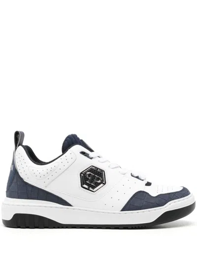 Philipp Plein Crocodile-effect Leather Sneakers In "0114 White / Dark Blue"