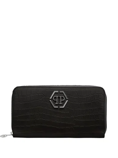 Philipp Plein Crocodile-effect Logo Wallet In Black
