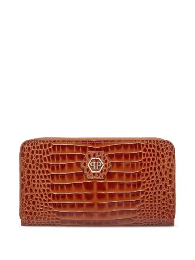 Philipp Plein Crocodile-effect Zip-around Wallet In Brown