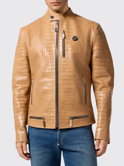 Philipp Plein Crocodile Print Leather Biker Jacket In Neutral