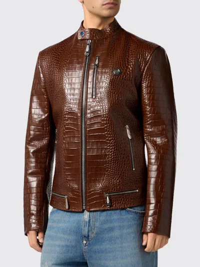 Philipp Plein Crocodile Print Leather Biker Jacket In Brown