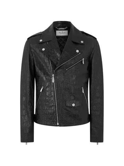 Philipp Plein Crocodile-effect Biker Jacket In Black