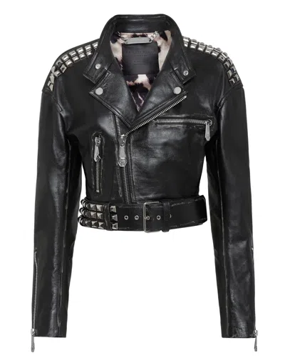 Philipp Plein Crop Leather Jacket Studs In Black