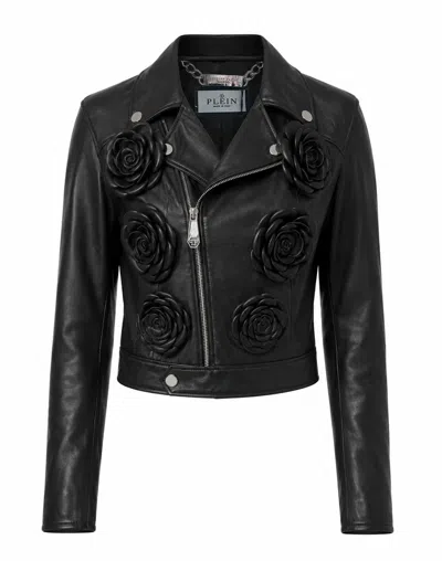 Philipp Plein Cropped Biker Jacket Flower In Black