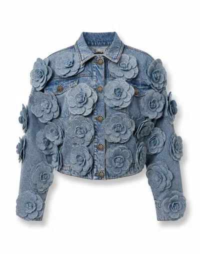Philipp Plein Cropped Denim Jacket All-over Roses In Blue