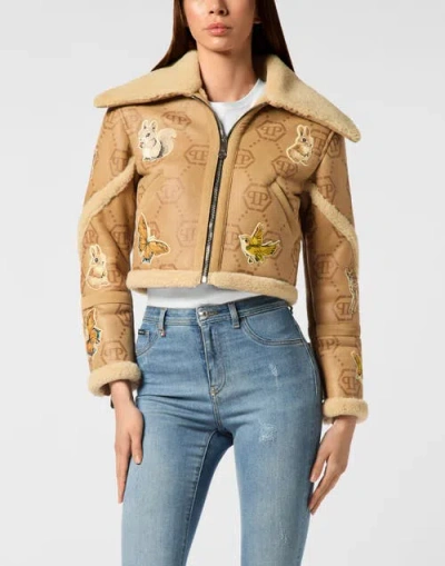 Philipp Plein Cropped Embroidered Leather And Shearling Jacket Monogram Women In Nude