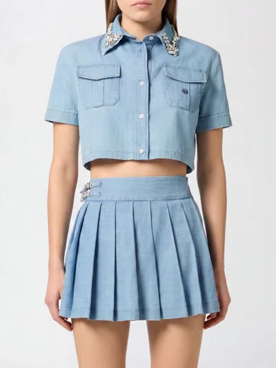 Philipp Plein Cropped Fit Short-sleeved Cotton Shirt With Rhinestones In Blue