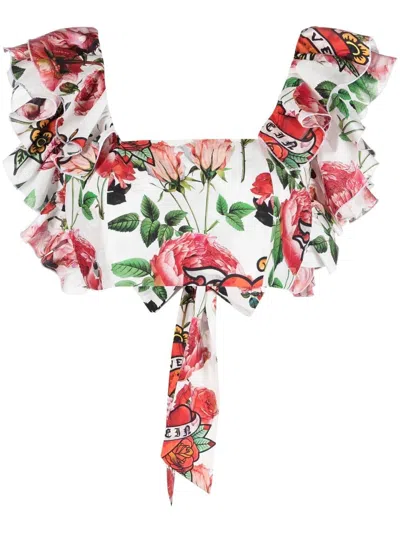 Philipp Plein Cropped-bluse Mit Blumen-print In White