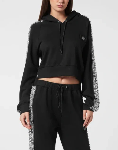 Philipp Plein Bead-embellished Cropped Hoodie In Black