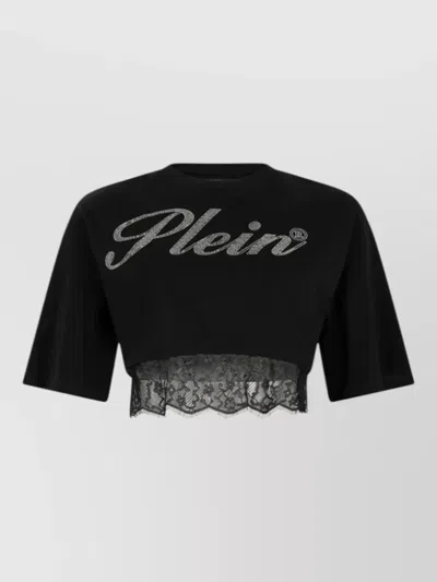 Philipp Plein Cropped Lace Trim Crew Neck Short Sleeve Top In Black