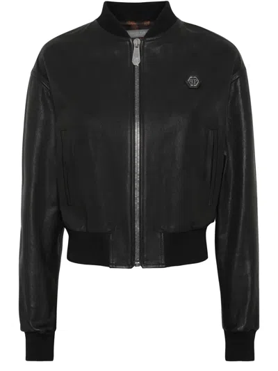 Philipp Plein Cropped Leather Bomber Jacket In Black