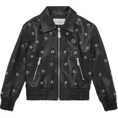 Philipp Plein Kids'  Cropped Leather Bomber Ls Eyelet Girl In Black