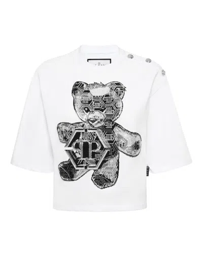 Philipp Plein Cropped Round Neck T-shirt 3d Teddy In White
