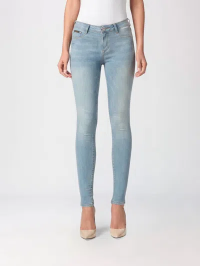Philipp Plein Cropped Skinny Stretch Denim Jeans With Hexagon Logo In Blue