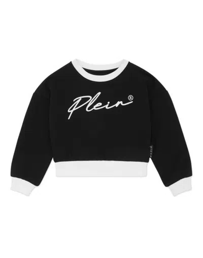 Philipp Plein Kids'  Cropped Sweatshirt Round Neck Ls Signature Girl In Black