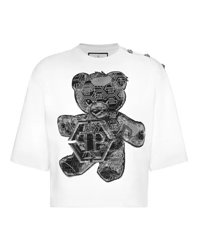 PHILIPP PLEIN CROPPED T-SHIRT STRASS TEDDY BEAR
