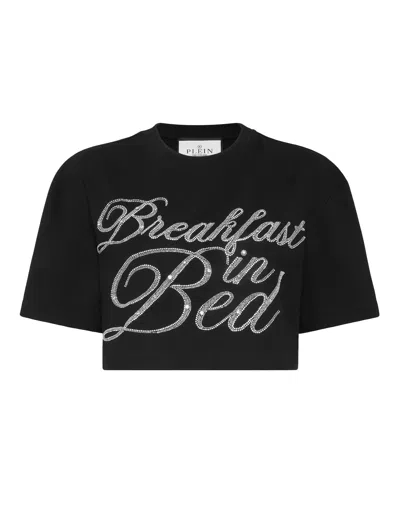 Philipp Plein Cropped T-shirt Breakfast In Bed Crystal In Black