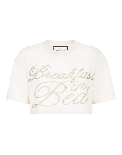 Philipp Plein Cropped T-shirt Breakfast In Bed Crystal In White