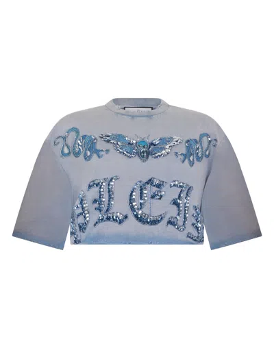Philipp Plein Cropped T-shirt Butterfly Tattoo In Blue