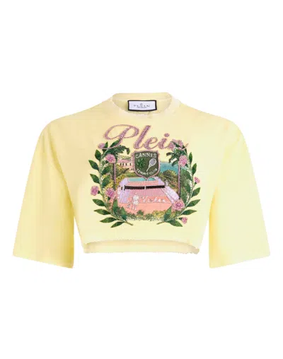 Philipp Plein Cropped T-shirt Cannes Tennis Club In Yellow