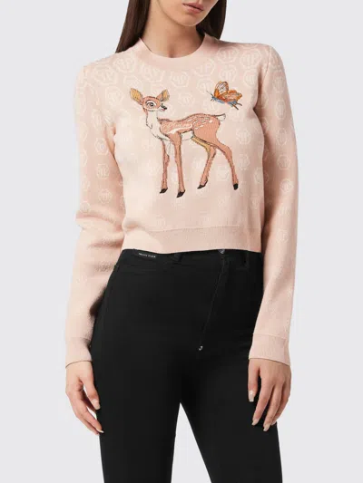Philipp Plein Cropped Wool Blend Sweater With Monogram And Fauna Print In Pink