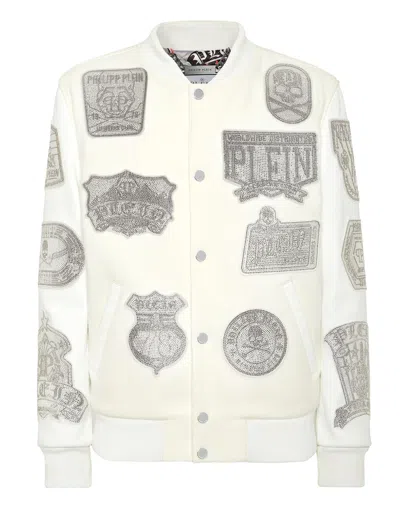 Philipp Plein Crystal College Bomber With Leather Sleeves Patches