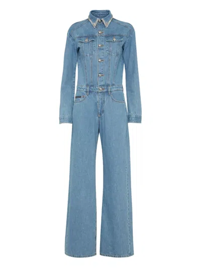 Philipp Plein Crystal-embellished Denim Jumpsuit In Gold