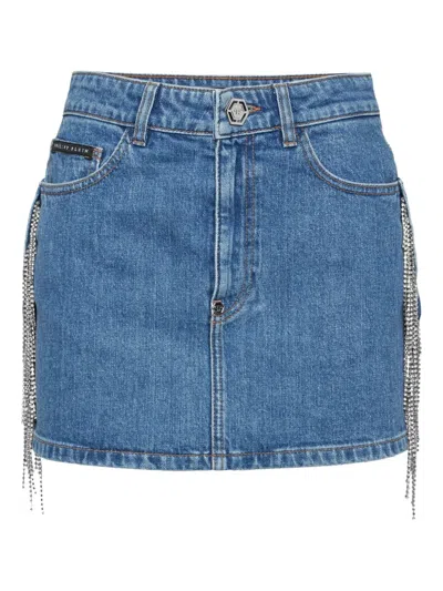 Philipp Plein Crystal-embellished Denim Mini Skirt In Blue