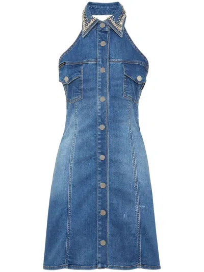 Philipp Plein Crystal-embellished Denim Minidress In Blue