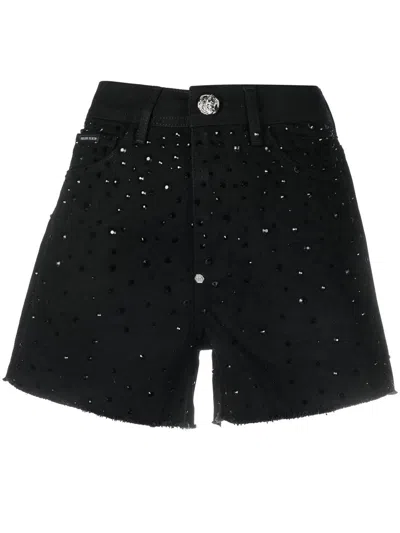 Philipp Plein Crystal Embellished Denim Shorts In Black