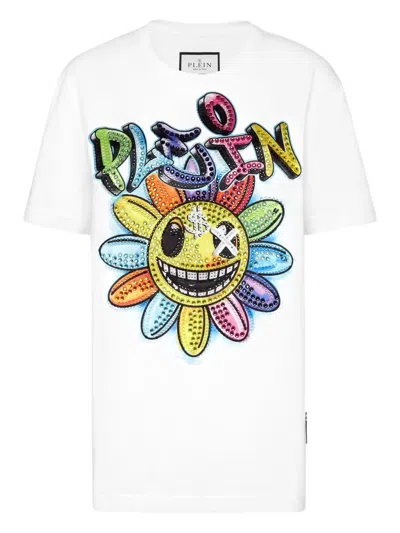 Philipp Plein Crystal-embellished Flower T-shirt In White