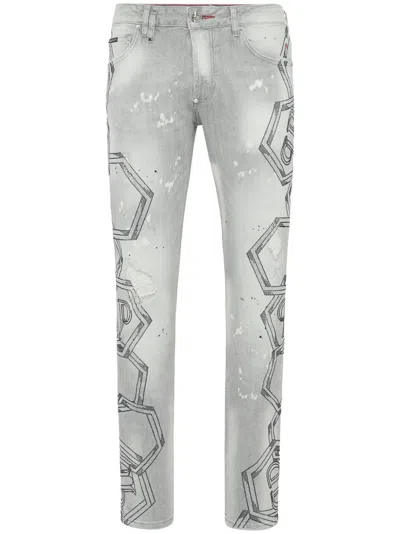 Philipp Plein Denim Super Straight Cut Trousers Strass Chains In Gray