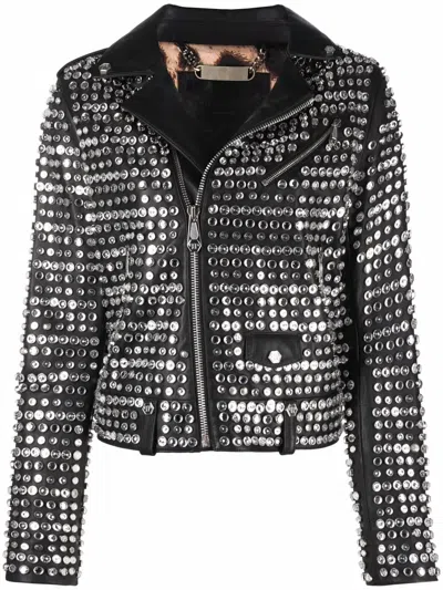 Philipp Plein Crystal-embellished Leather Jacket In Black