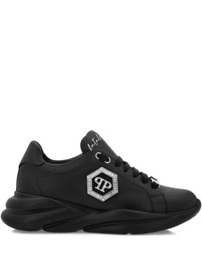 Philipp Plein Crystal-embellished Leather Sneakers In Black