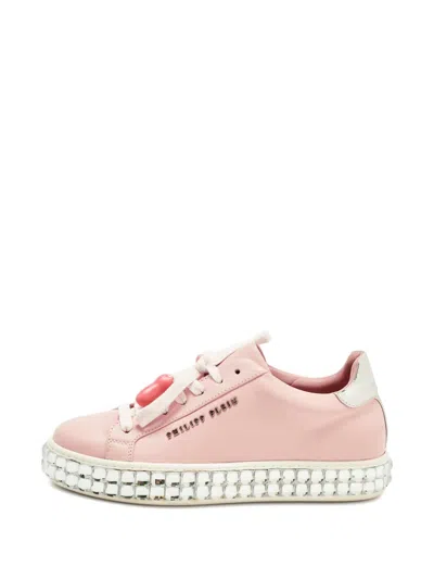 Pre-owned Philipp Plein Crystal-embellished Leather Sneakers In Pink