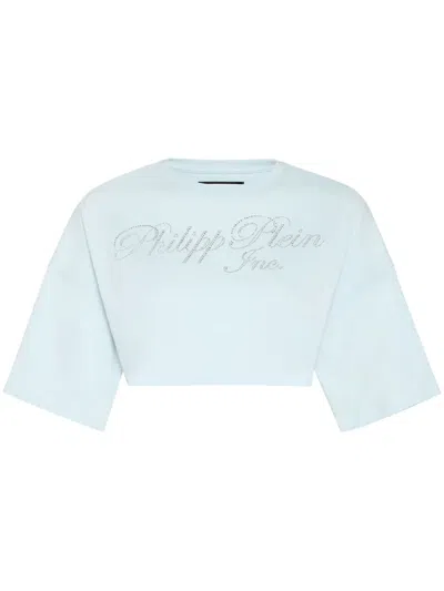 Philipp Plein Crystal-embellished Logo-print Cropped T-shirt In Blue
