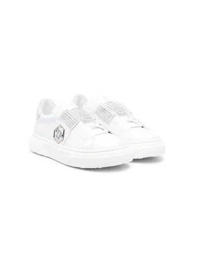Philipp Plein Kids' Crystal-embellished Low-top Sneakers In White