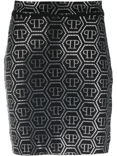 Philipp Plein Crystal-embellished Monogram-pattern Mini Skirt In Black