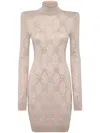 Philipp Plein Knitted Strass Mini Dress With Padded Shoulders Monogram In Neutrals