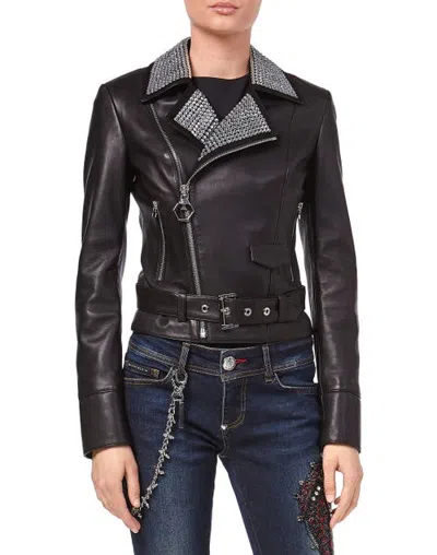 Philipp Plein Crystal Embellished Nappa Leather Biker Jacket Women In Black