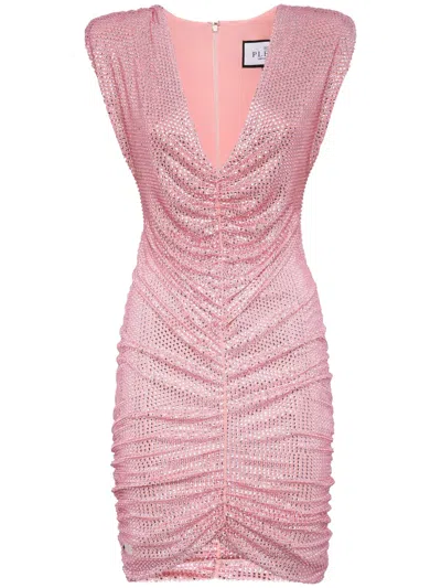 Philipp Plein Crystal-embellished Ruched Minidress In Pink