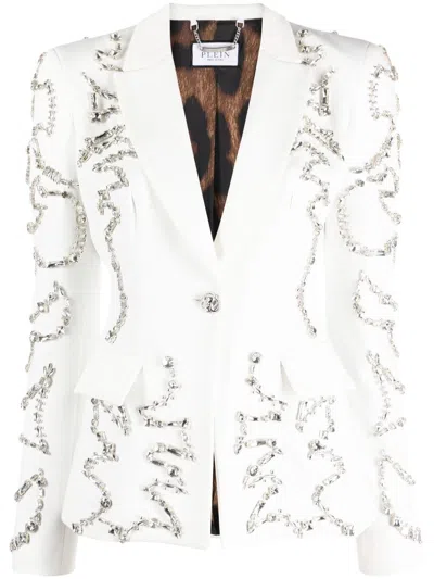 Philipp Plein Crystal-embellished Single-breasted Blazer In White