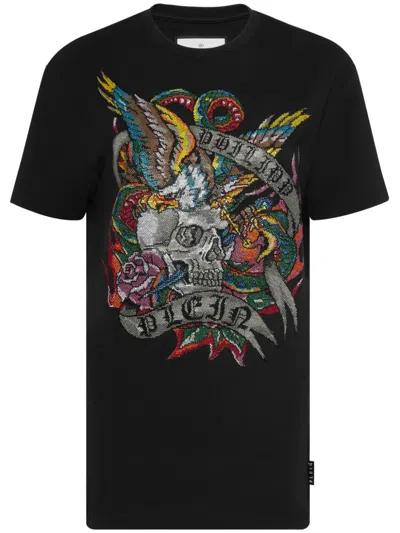 Philipp Plein Crystals Tattoo Cotton T-shirt In Black