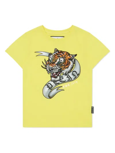 Philipp Plein Kids' Crystal-embellished Tiger T-shirt In Yellow