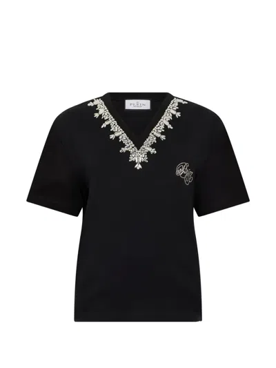 Philipp Plein Crystal-embellished V-neck T-shirt In Black