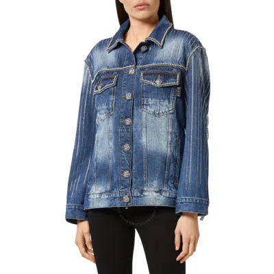 Philipp Plein Crystal Fringe Denim Jacket In Blue