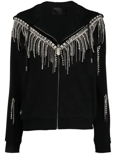 Philipp Plein Crystal-fringe Hooded Zip-up In Black